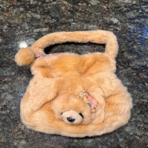 Teddy Bear with Bow Young Girl Fluffy Purse Appx 8”x 6”Outer Pocket Strap Zipper